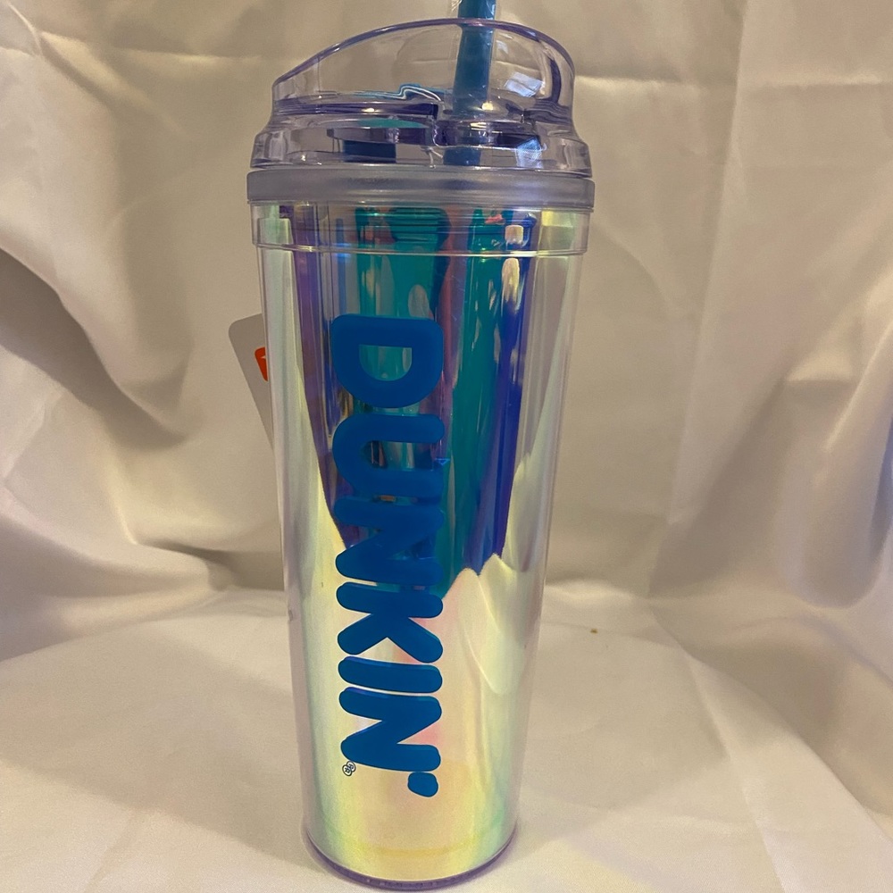 Blue and silver Dunkin cold cup.